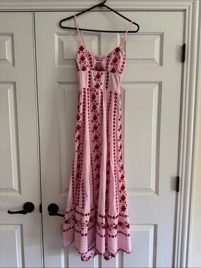 Zara Embroidered Eyelet Midi Dress Pink Red NWT Size M Sold Out